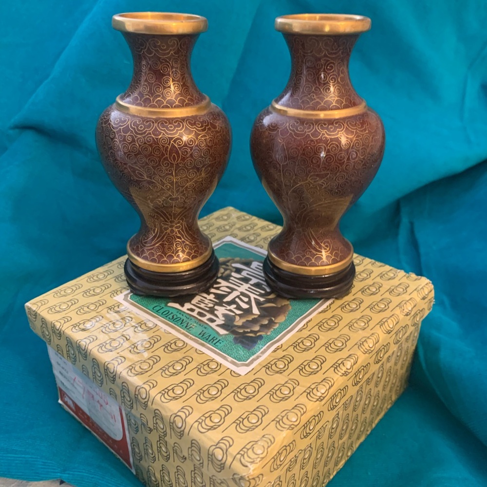 Elegant Cloisonné Brown and Gold Vases